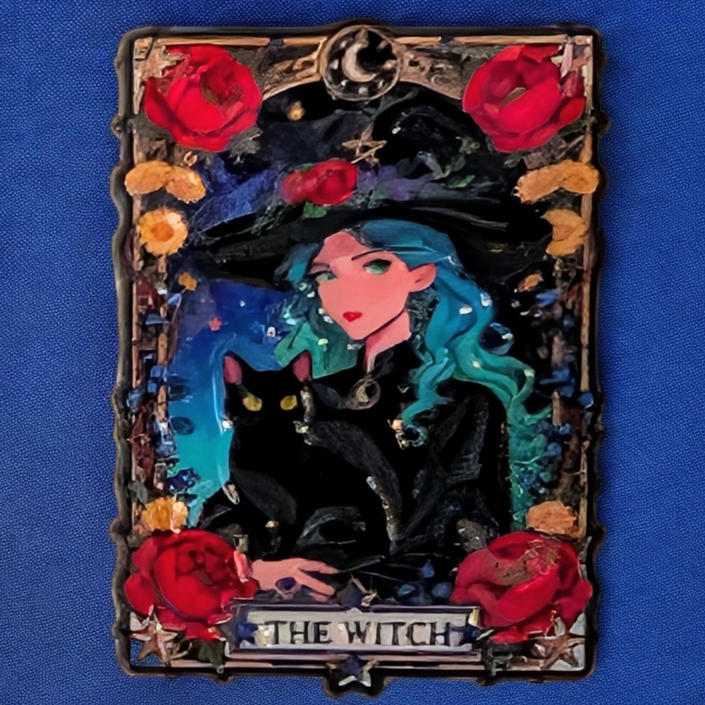 Witch With Blue Hair & Black Cat Tarot Style Enamel Pin